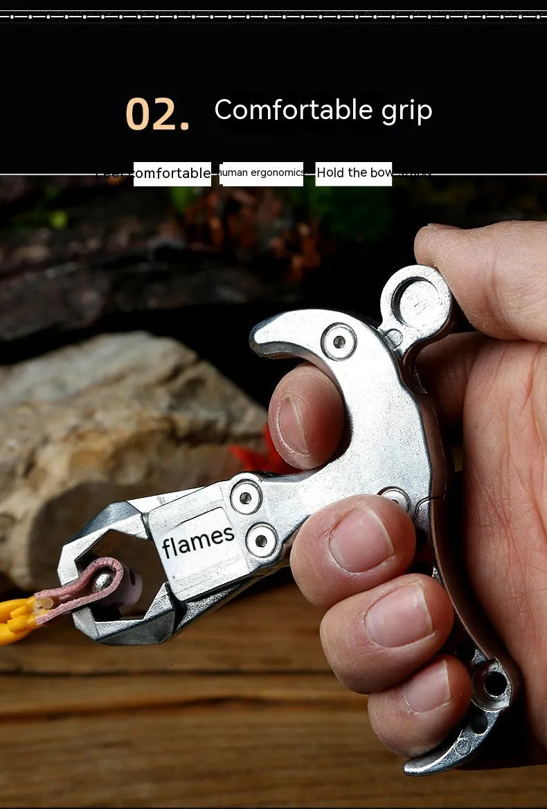 Alloy archery release aid with two-axis harpoon clip mechanism