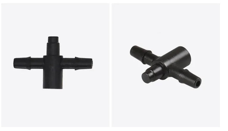 White PE plastic tee water distributor for micro spray irrigation systems.