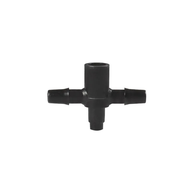 White PE plastic tee water distributor for micro spray irrigation systems.