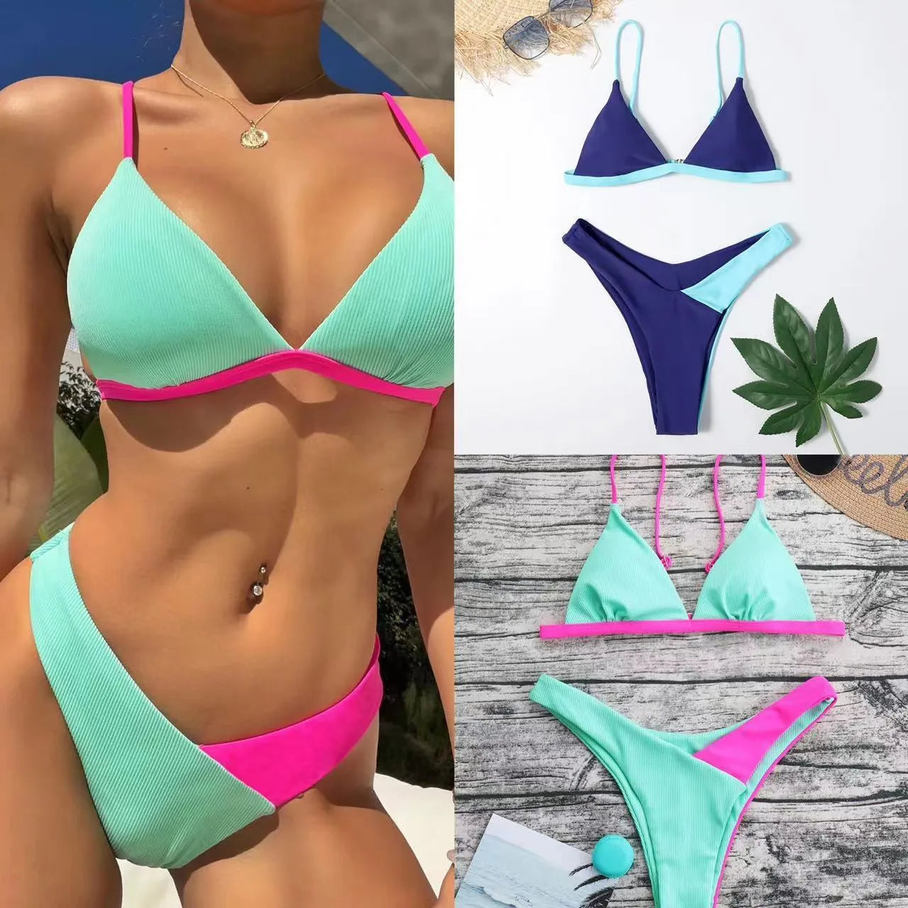 Women's swimsuit briefs in nylon fabric showing Pattern 1 and Pattern 2 colour options
