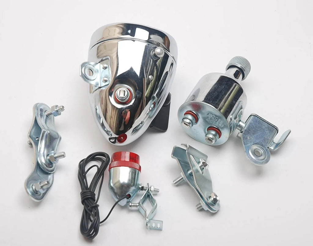 Silver bicycle dynamo generator light for front fork or rear frame mounting with friction drive mechanism