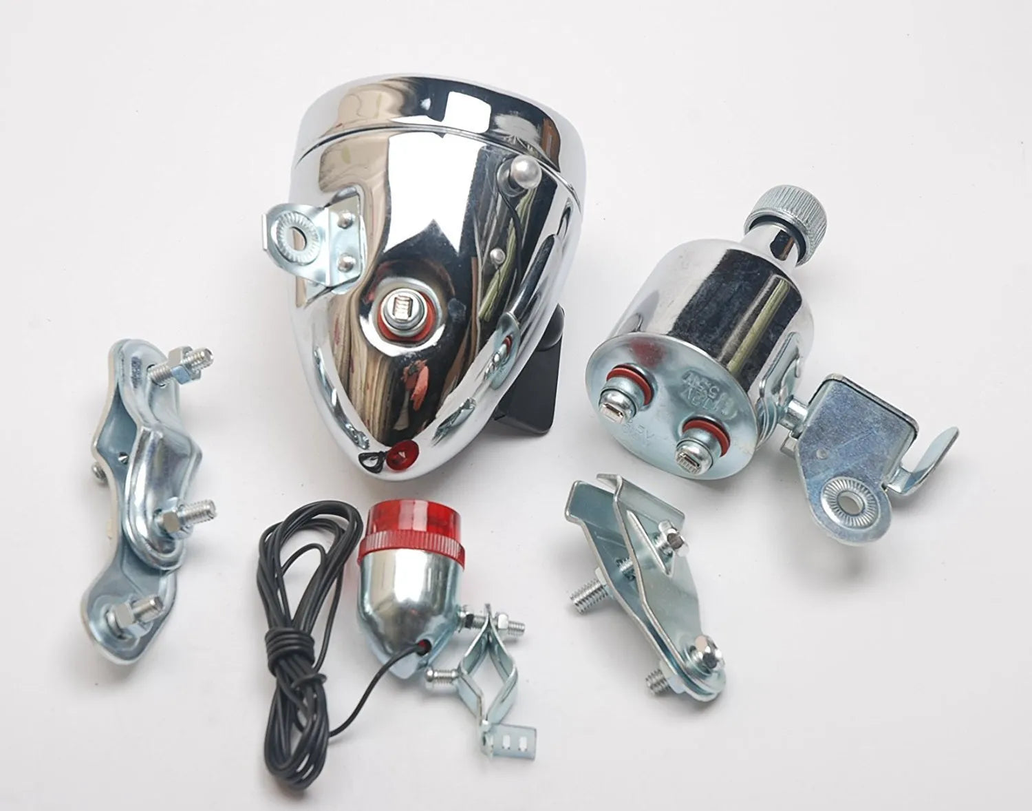 Silver bicycle dynamo generator light for front fork or rear frame mounting with friction drive mechanism