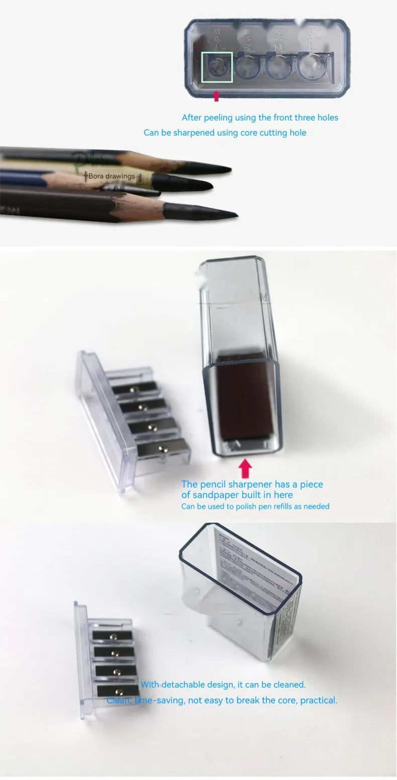 Geometric shaped four hole pencil sharpener for art, shown with integrated screwdriver.