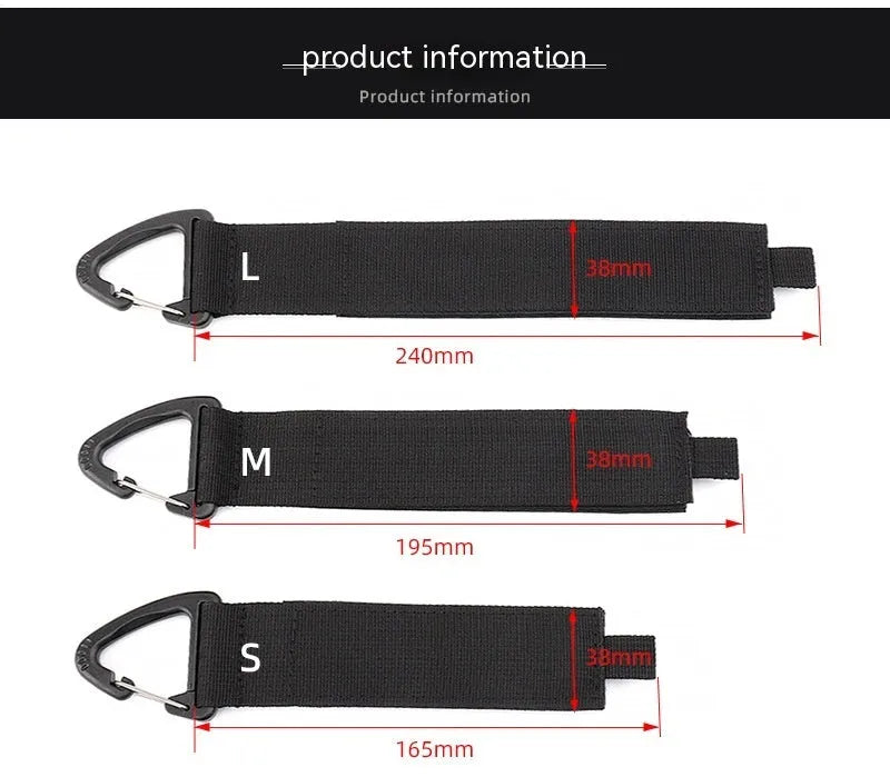 Black heavy-duty adjustable storage strap with metal carabiner clip for garage workshop organisation.