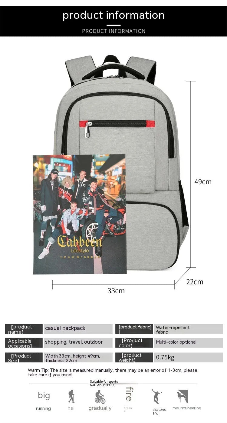 Light grey oxford cloth insulated backpack with curved shoulder straps and top handle.