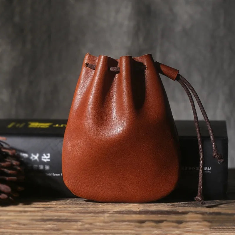 Genuine cowhide leather drawstring bundle wallet in European and American retro style