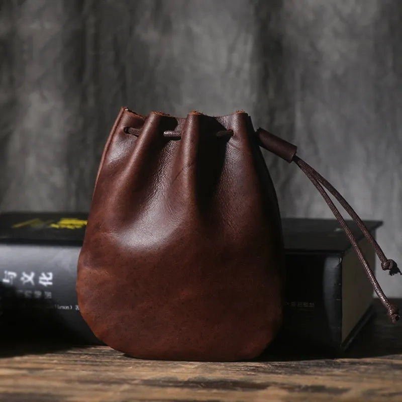 Genuine cowhide leather drawstring bundle wallet in European and American retro style