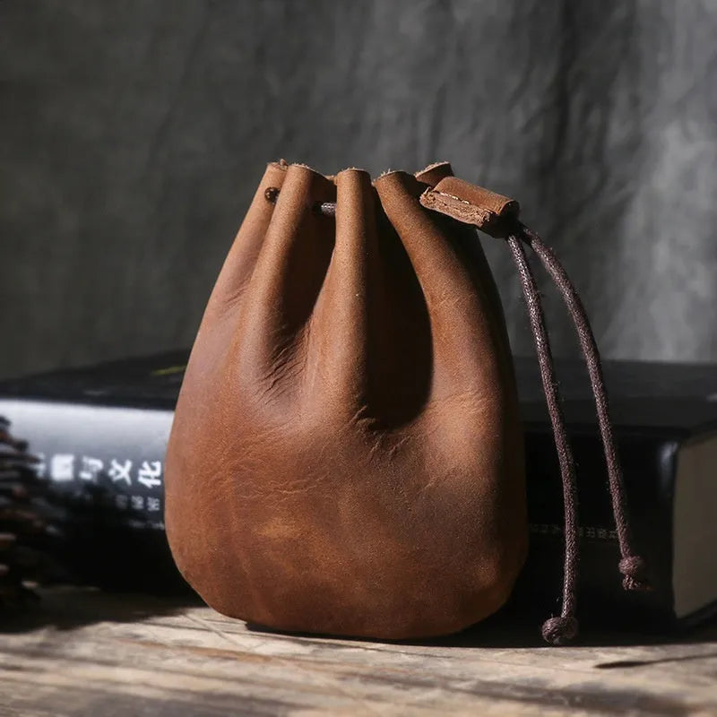 Genuine cowhide leather drawstring bundle wallet in European and American retro style