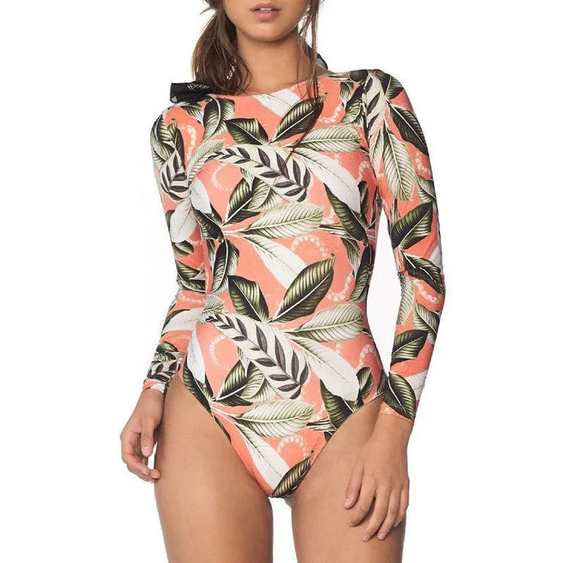 Women's backless one-piece swimsuit with floral leaf print in polyester fabric