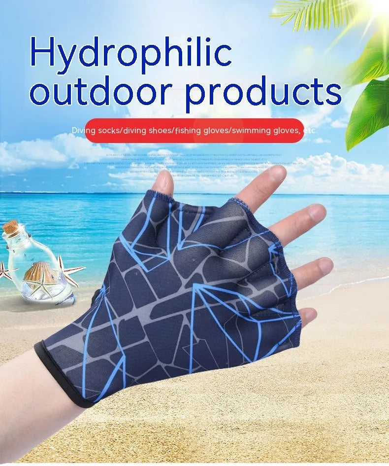 Duck feet webbed swimming gloves in nylon material showing colour print options