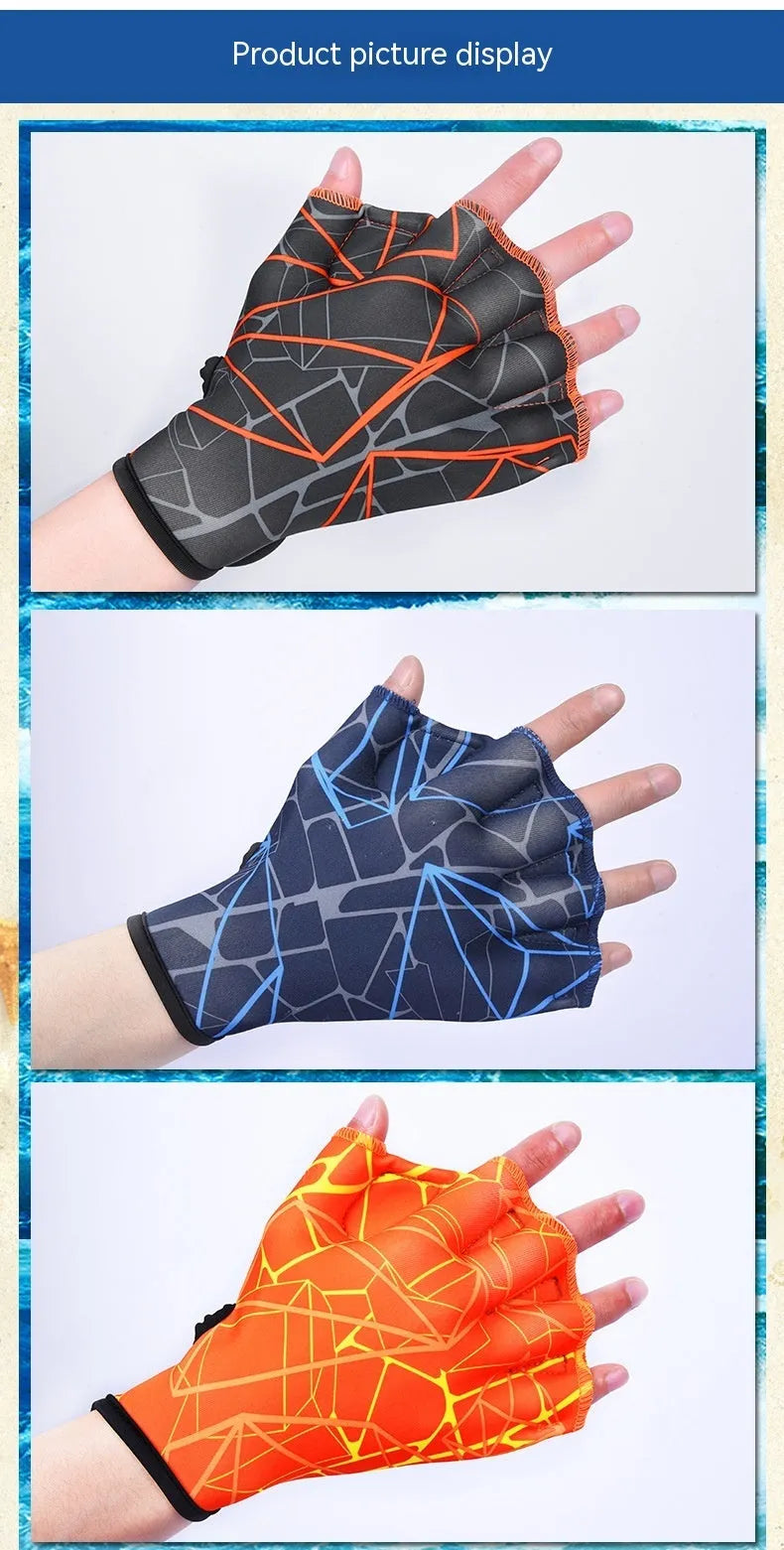 Duck feet webbed swimming gloves in nylon material showing colour print options