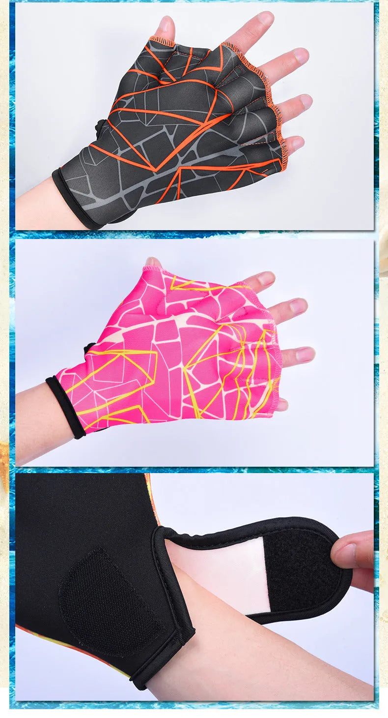 Duck feet webbed swimming gloves in nylon material showing colour print options