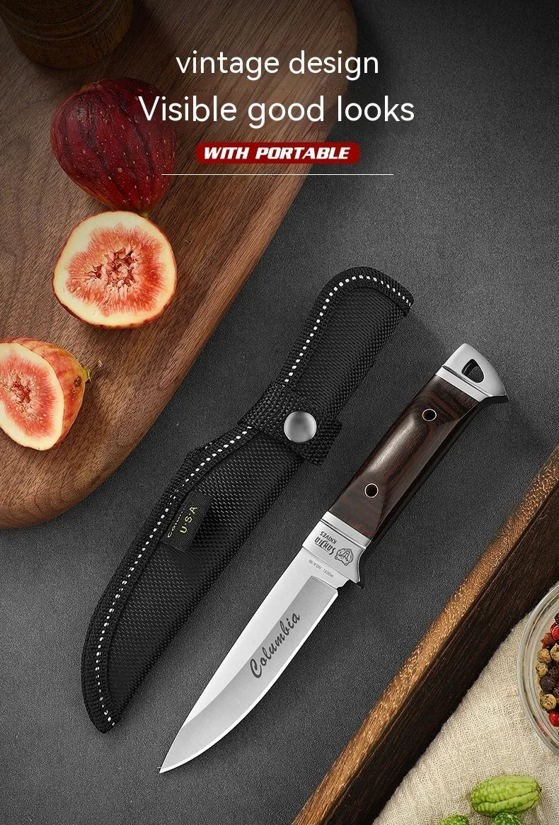 Stainless steel national style fruit knife shown with its brown leather protective case.