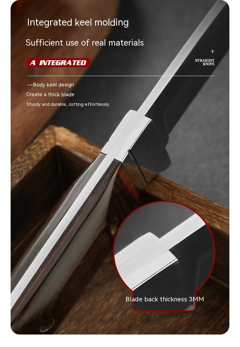 Stainless steel national style fruit knife shown with its brown leather protective case.