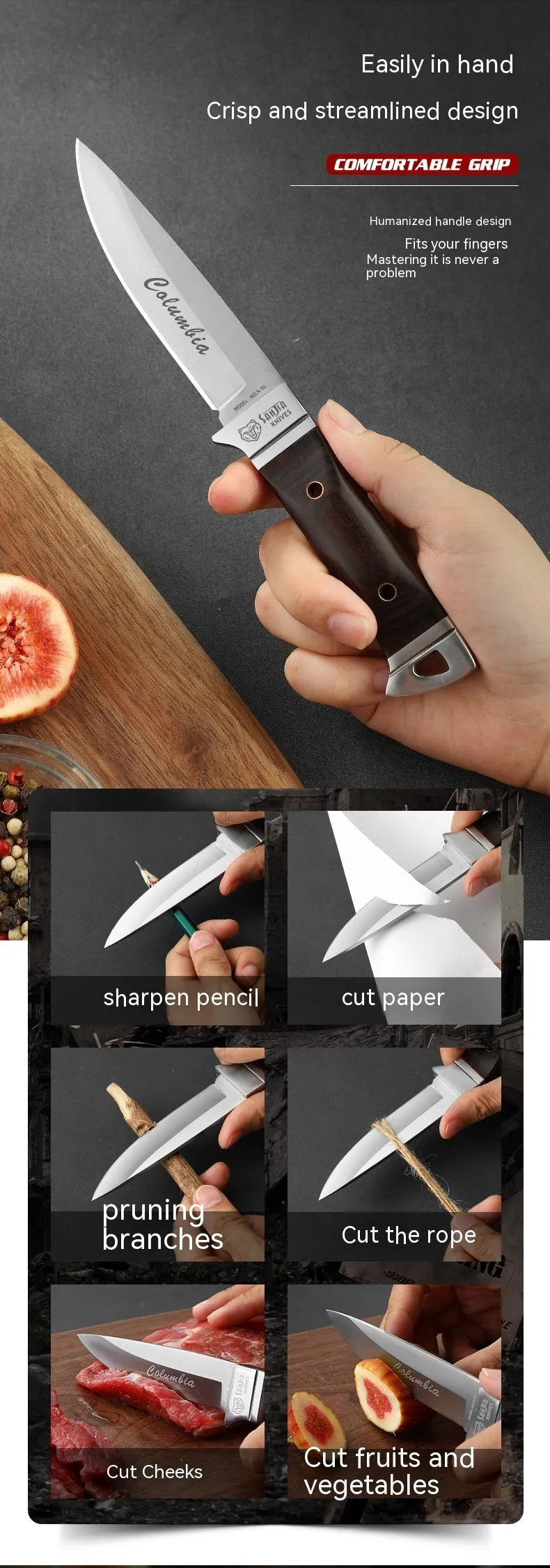 Stainless steel national style fruit knife shown with its brown leather protective case.
