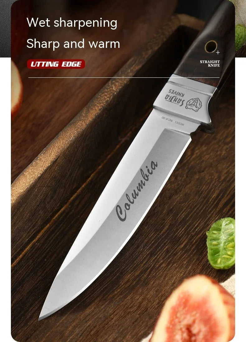 Stainless steel national style fruit knife shown with its brown leather protective case.