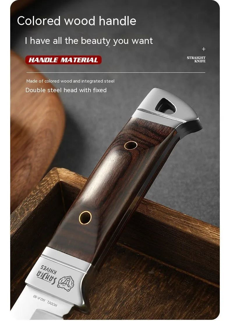 Stainless steel national style fruit knife shown with its brown leather protective case.