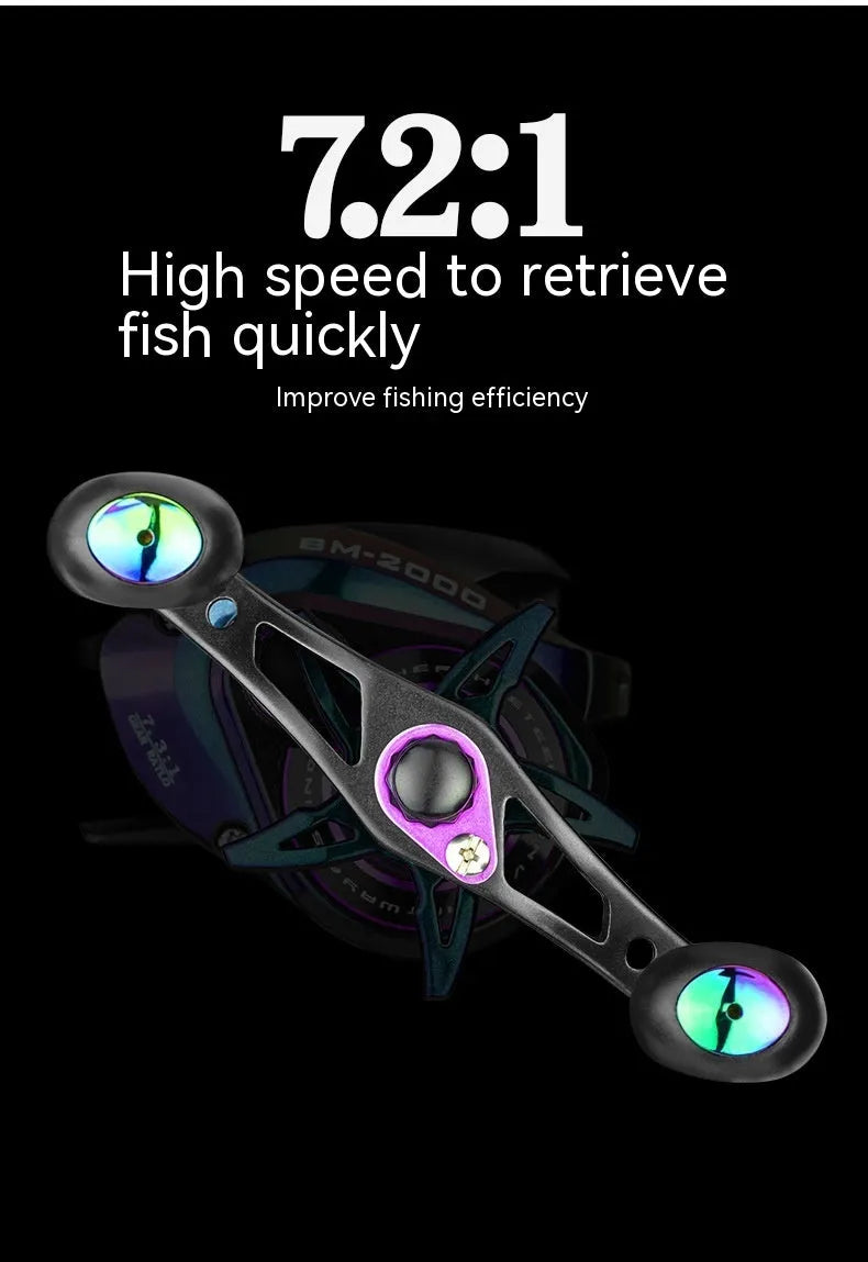 Colourful BM2000 fishing reel with magnetic brake system, shown in left and right-hand retrieve options.
