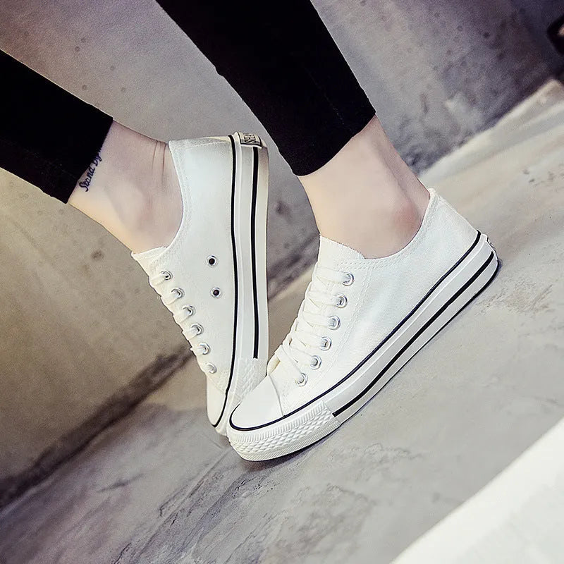 Women's solid colour canvas casual shoes for summer in black, white black, white red, and all black.