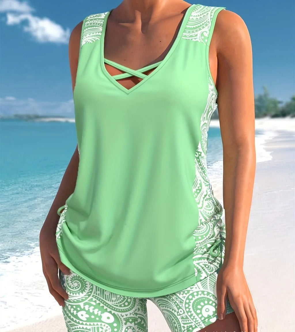 Women's printed split boxer swimsuit with polyester fabric and acrylic lining in black navy blue and light green colors