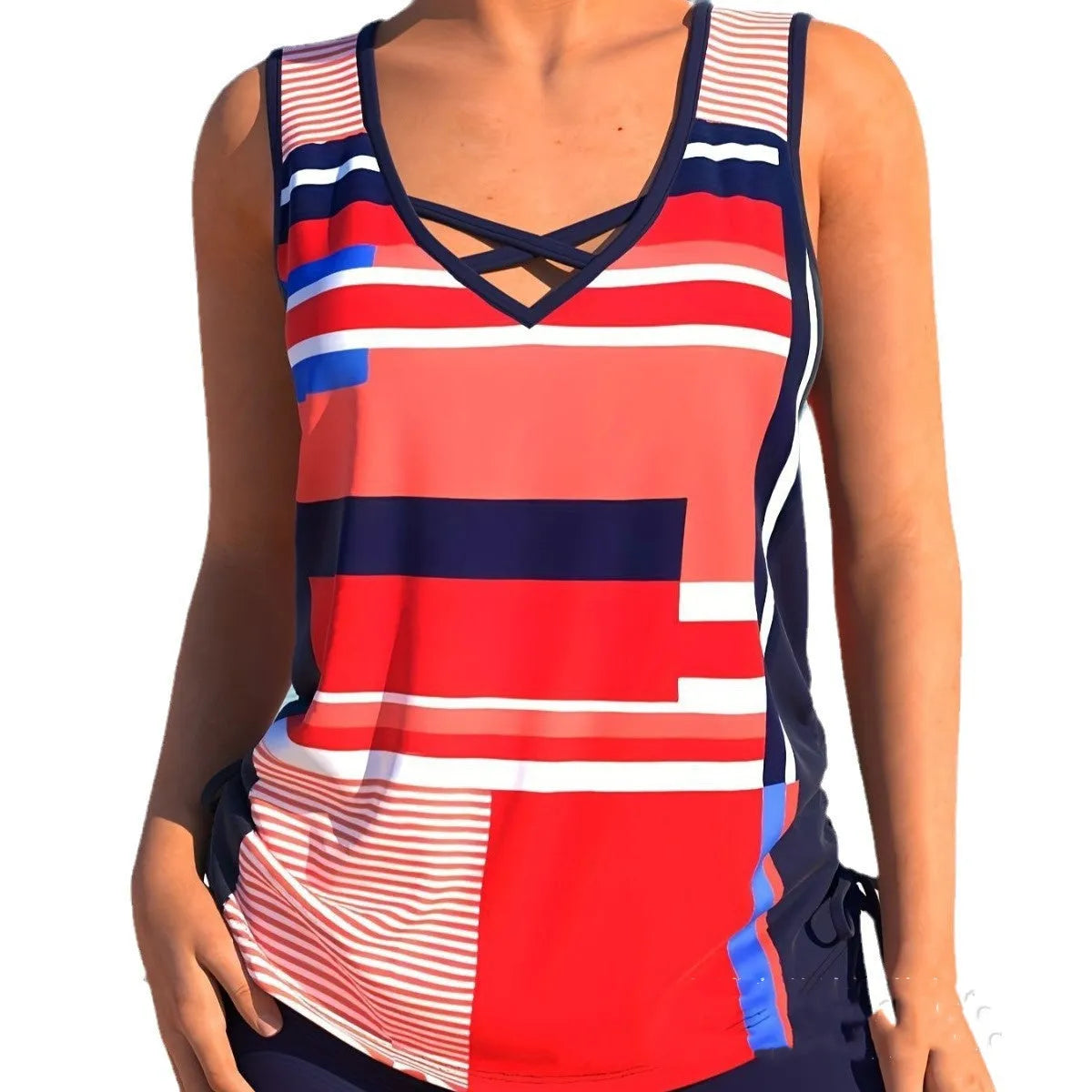 Women's printed split boxer swimsuit with polyester fabric and acrylic lining in black navy blue and light green colors