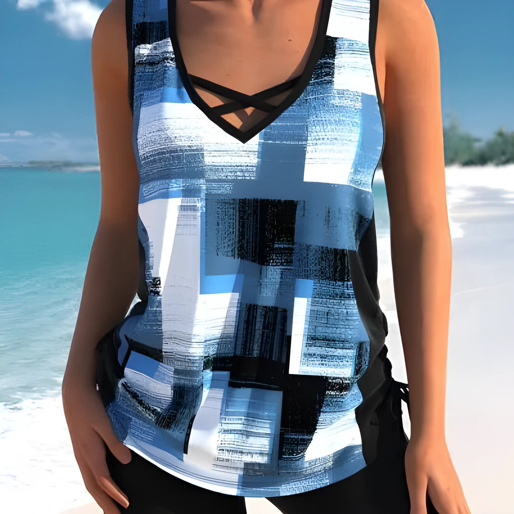 Women's printed split boxer swimsuit with polyester fabric and acrylic lining in black navy blue and light green colors
