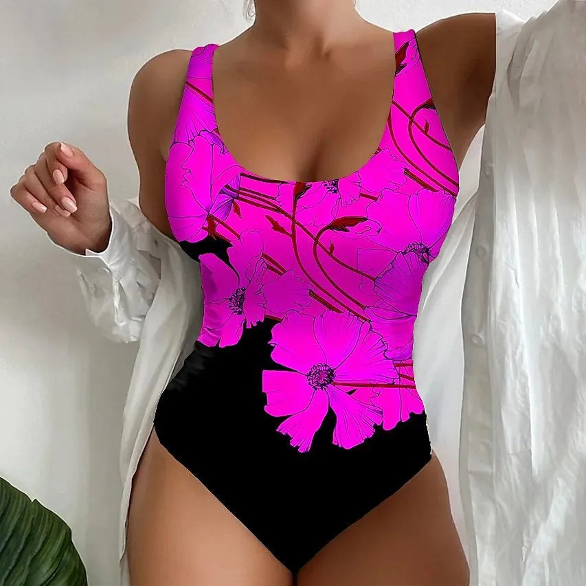Women's tight fit one-piece swimsuit with 3D printed pattern in orange red, sky blue or purple with Lycra lining