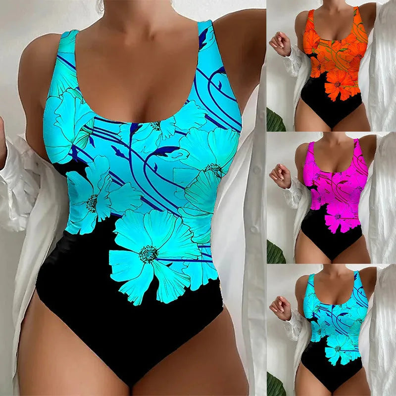 Women's tight fit one-piece swimsuit with 3D printed pattern in orange red, sky blue or purple with Lycra lining