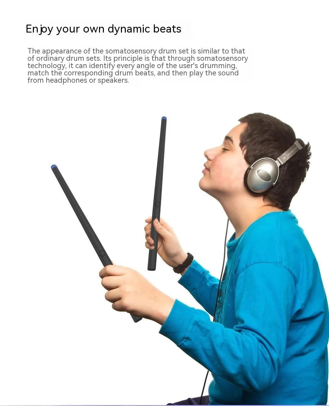 Black somatosensory air drum kit host unit with LED lights and included accessories