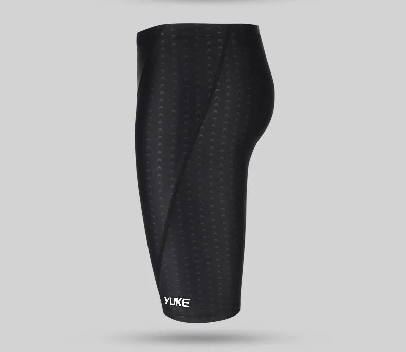 Men's black polyester swimming trunks set with goggles cap and bag