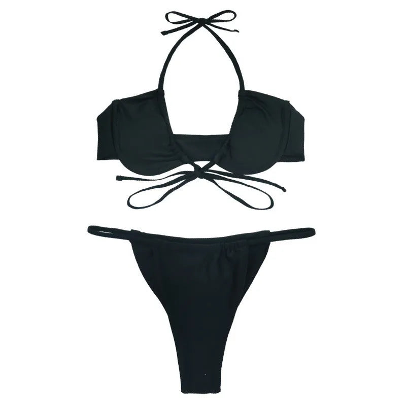 Women's black and mint green split cup bikini set on a mannequin, showing front and back.