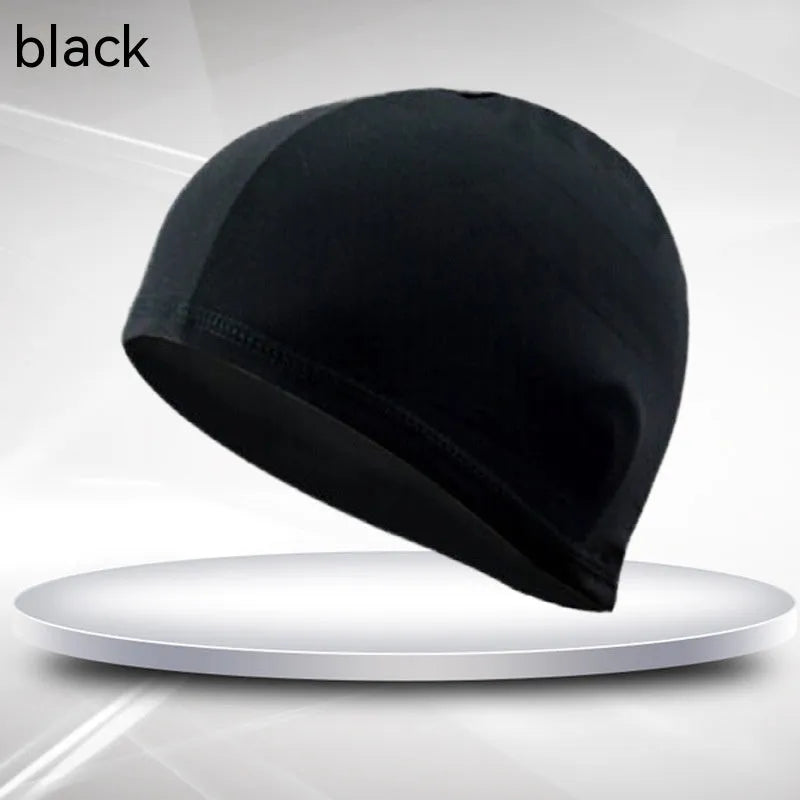 Black single line polyester cloth swim cap for adult unisex swimming