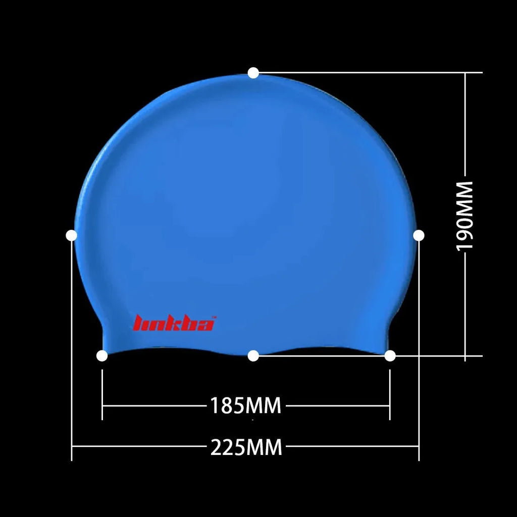 Silicone swimming cap with earmuff design and printed letters in multiple colour options