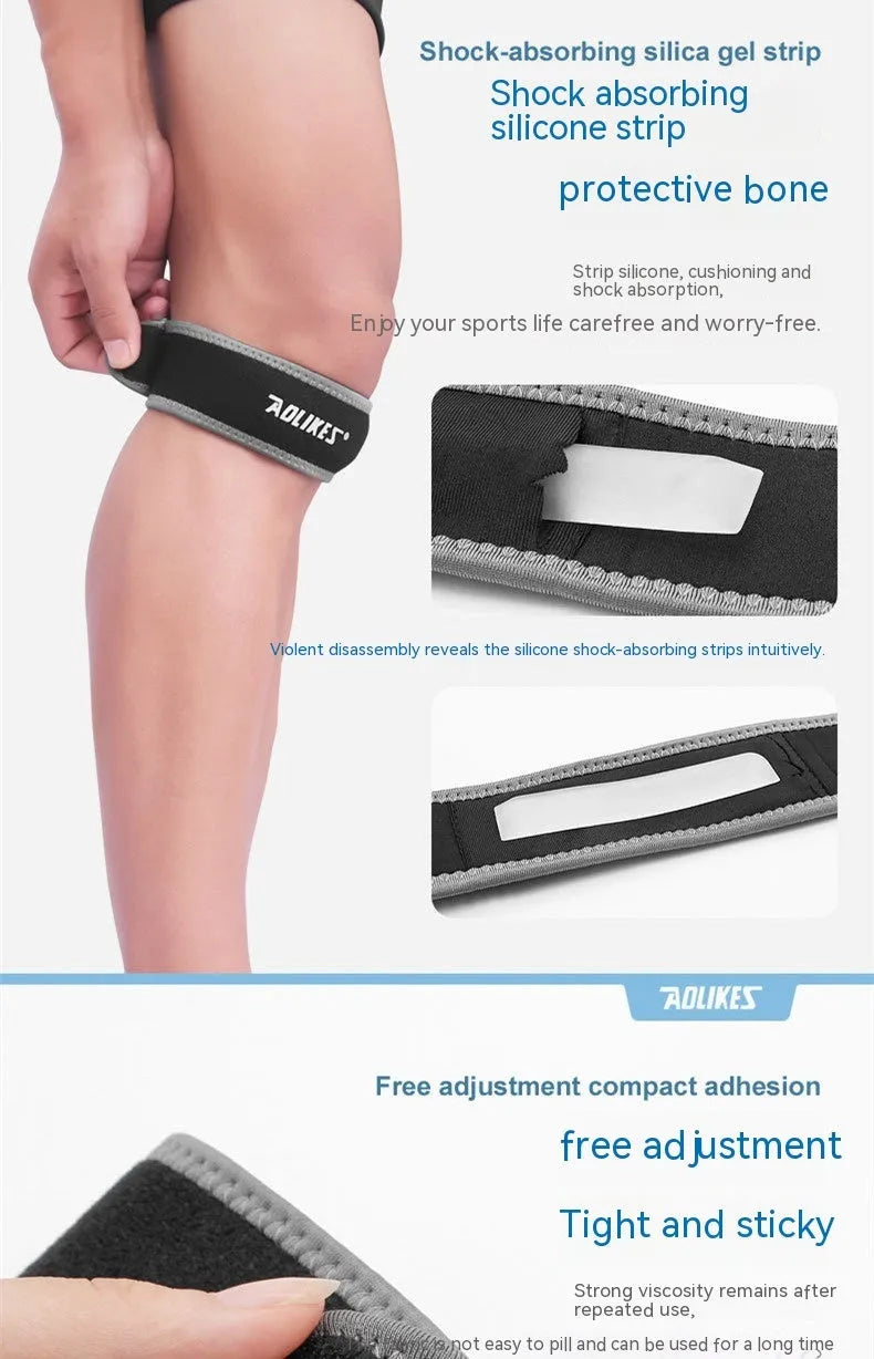 Black and grey adult patellar retinaculum knee brace for sports support.
