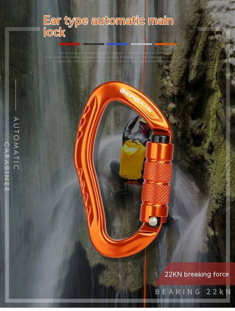 Climbing carabiner with automatic master lock and button hook in five colour options
