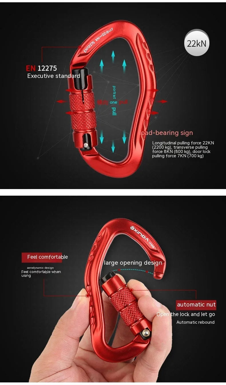 Climbing carabiner with automatic master lock and button hook in five colour options