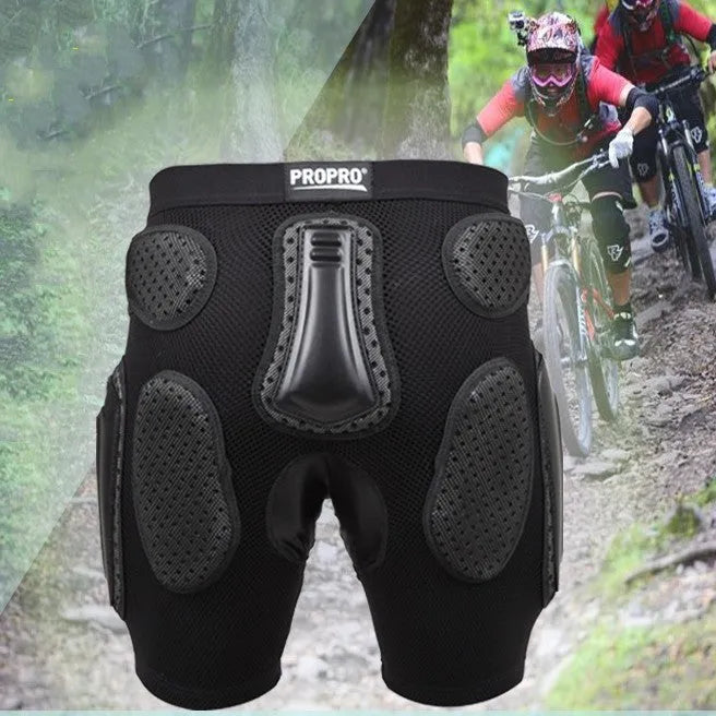 Black cycling hip protection pants with foam padding in sizes S, M, L, XL