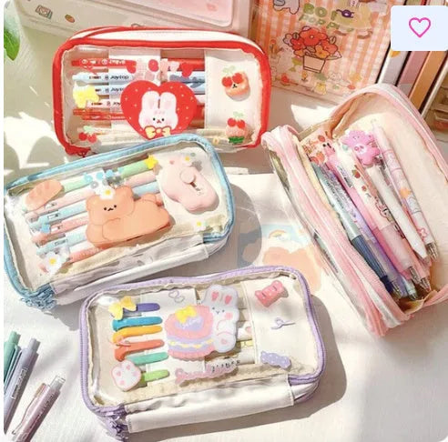 Transparent TPU pencil case with pink cake rabbit and red love rabbit designs for school stationery storage