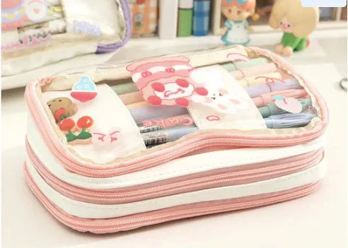 Transparent TPU pencil case with pink cake rabbit and red love rabbit designs for school stationery storage