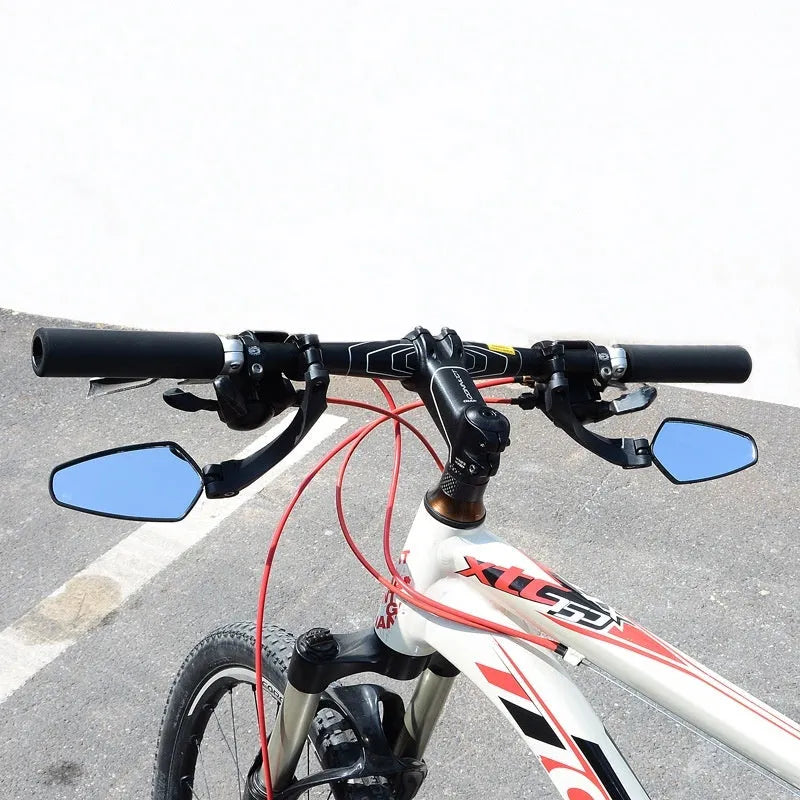Pair of black rotatable acrylic bicycle rearview mirrors for mountain bike handlebars showing left and right units