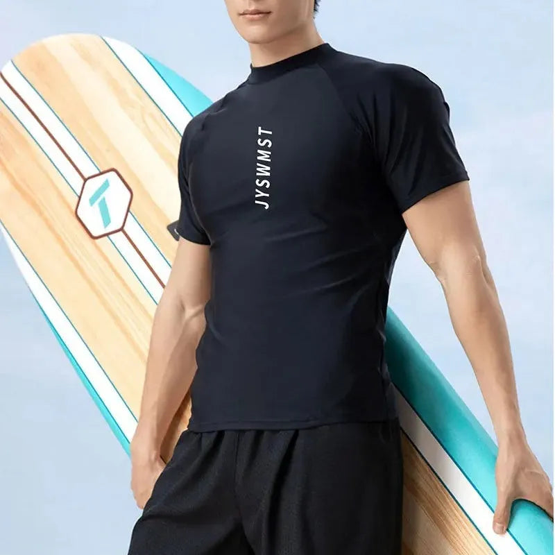 Men's plus size two-piece polyester swimwear set with patterned top and trunks in sizes M to 4XL