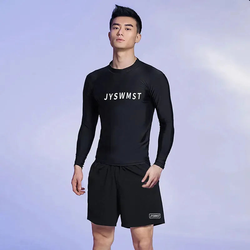 Men's plus size two-piece polyester swimwear set with patterned top and trunks in sizes M to 4XL