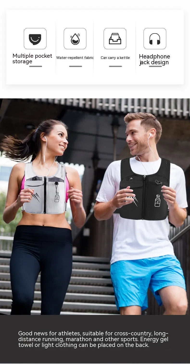 Sports running vest with integrated phone pocket in breathable mesh fabric