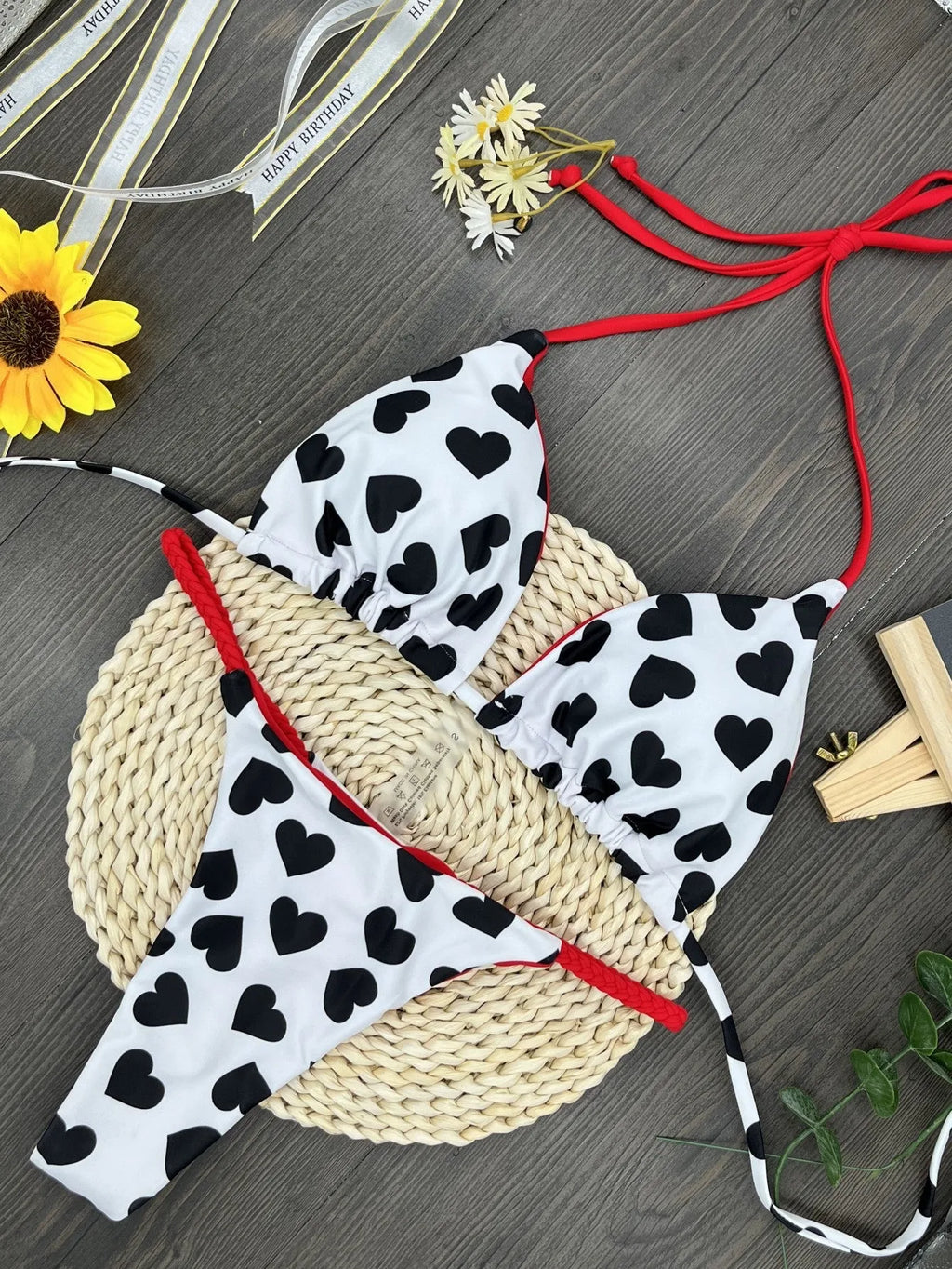 Women's heart print backless swimsuit with split design in brief style