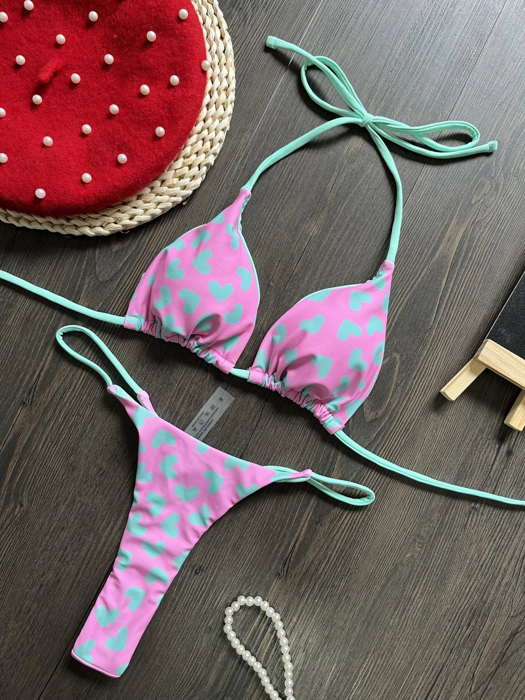Women's heart print backless swimsuit with split design in brief style