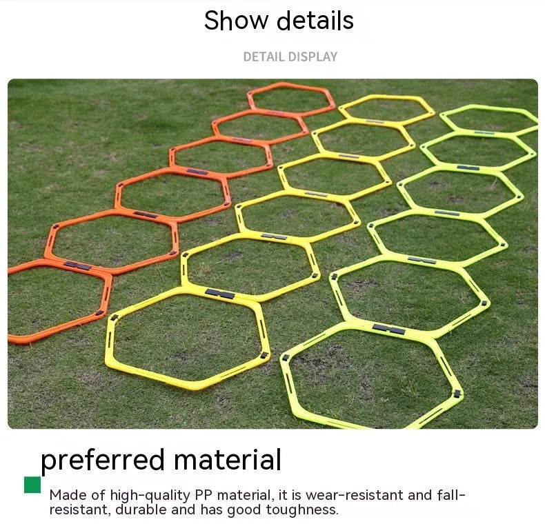 Set of six foldable hexagon football agility training rings in yellow green and orange plastic