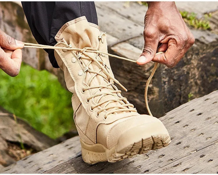 Summer Yulong tactical desert boots in black and sand for hiking and climbing