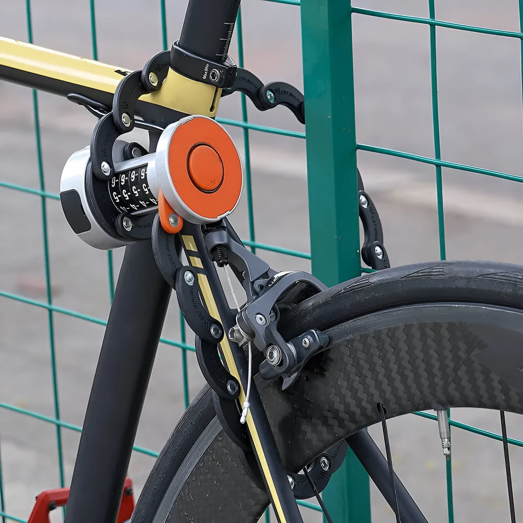 Black and orange portable folding bicycle lock constructed from zinc alloy and steel