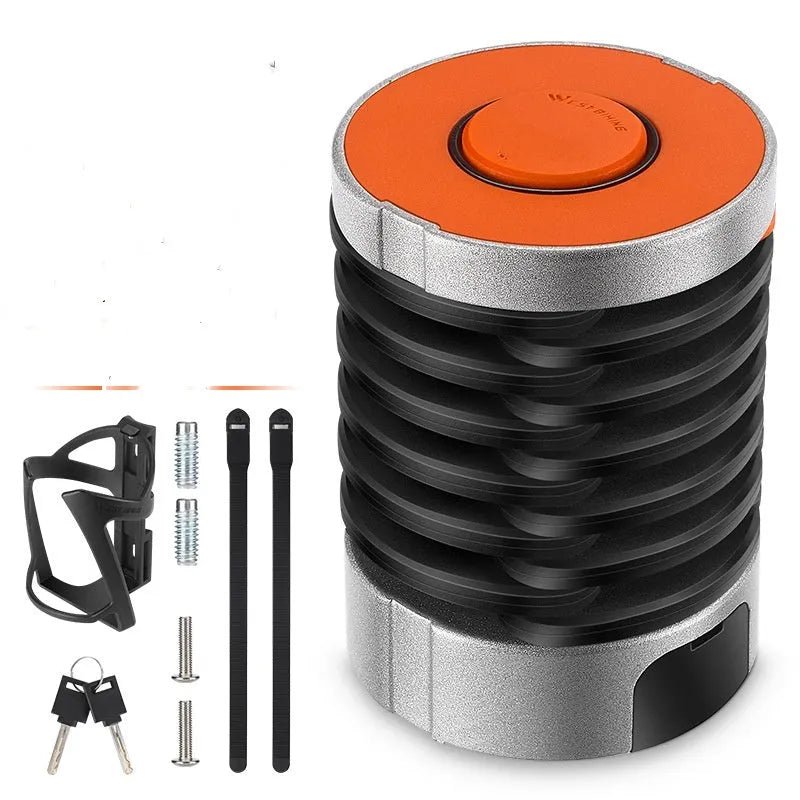 Black and orange portable folding bicycle lock constructed from zinc alloy and steel