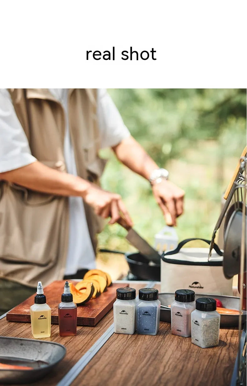Naturehike six-piece PP plastic portable seasoning bottle set for outdoor cooking and picnics.